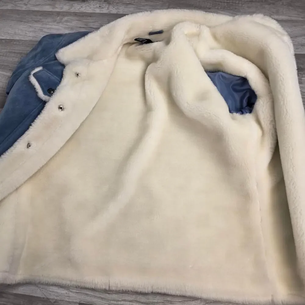 Vintage Blue Suede Penny Lane Jacket Faux Shearling Size Small 90s